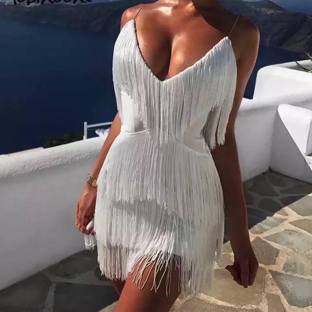 NWT white tassel mini spaghetti RESTOCKED Gatsby salsa jazz S M L fringe firm